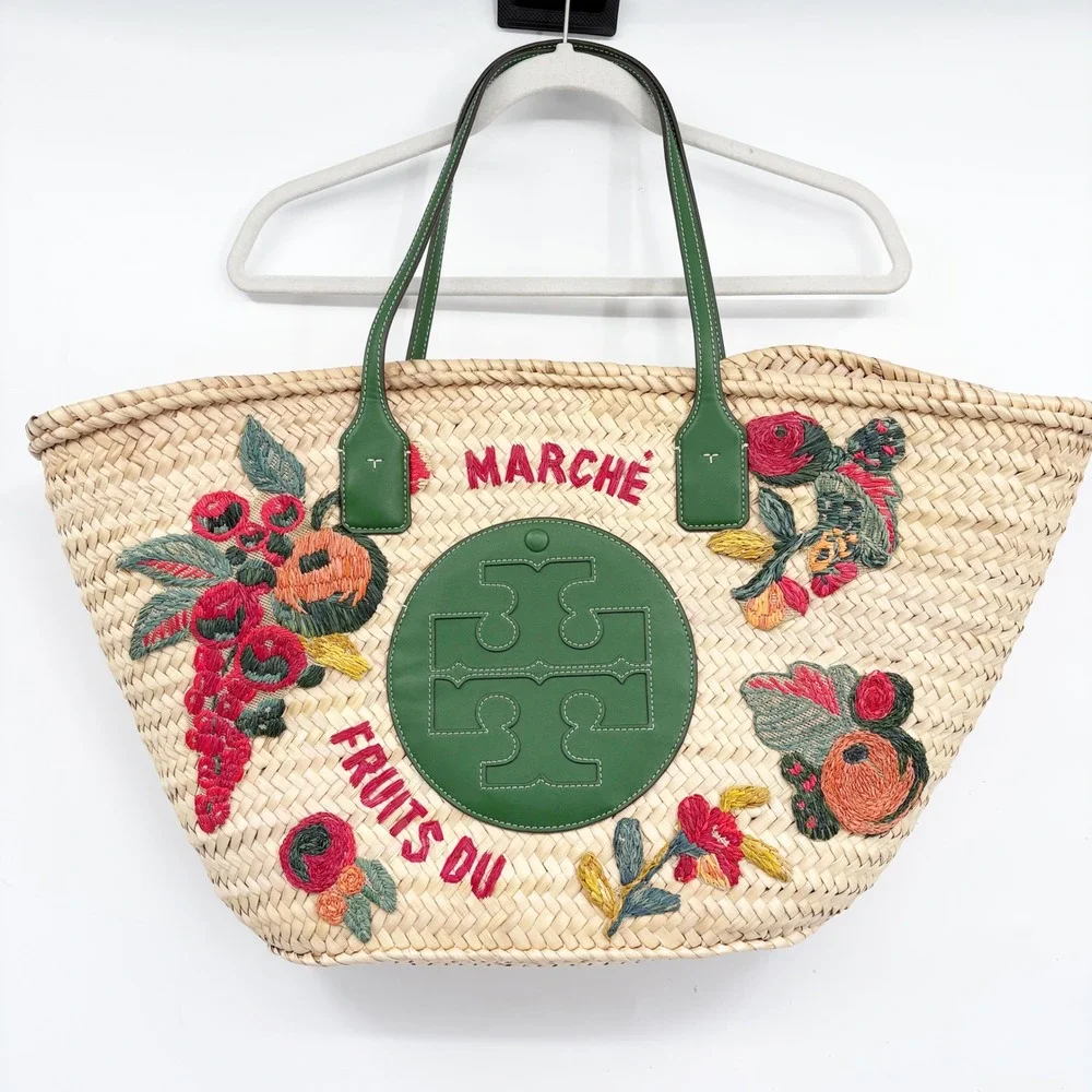 Tory Burch x Doum Womens Hand Woven Embroidered Fruit Ella Basket Tote Bag Large